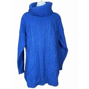 Lands' End L Women's Blue Cable Knit Mock Neck Sweater Chunky Nordic Cabin Tunic